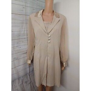 Vtg Helene Blake 2pc Beige sheer Crepe dress Suit Long Jacket Petite Sz 16P